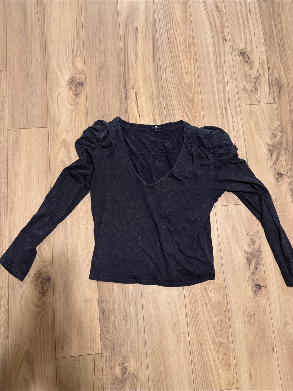 7 For All Mankind Black V-Neck Puff Sleeve Long Sleeve Top